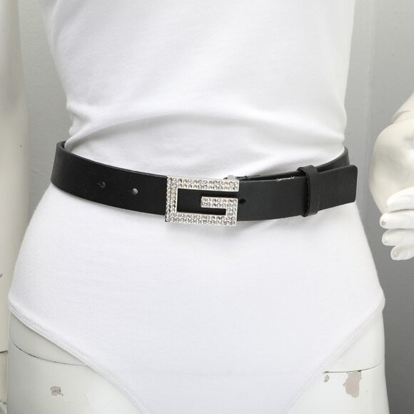 Guess Leather Belt Crystal Rhinestone Buckle Black Silver Bling Logo - Picture 4 of 11